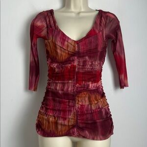 Weston Wear Small Y2K Anthropologie Red Pink Tie-Dye Ruched Mesh 3/4 Sleeve Top